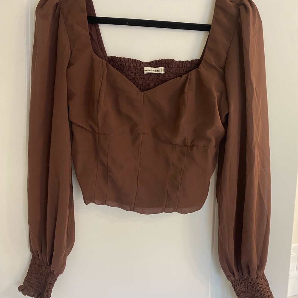 Abercrombie & Fitch Brown Puff Sleeve Square Neck Blouse